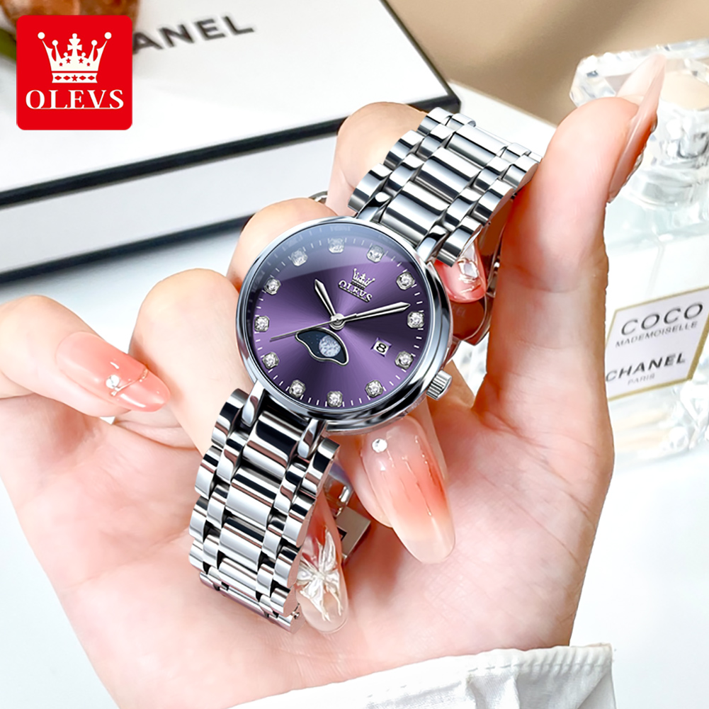 Luxury Watch Cheap - OLEVS Elegant แฟชั่นสีม่วง Rhinestone Dial นาฬิกาควอตซ์ผู้หญิงกันน้ํา