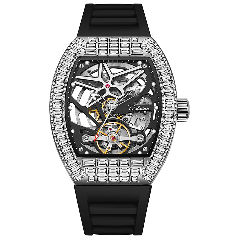 Tourbillon Movement Watch - นาฬิกาข้อมือผู้ชายหรูหรา ออโตเมติก ดีไซน์ทรงโค้งมน ประดับเพชร ระบบจักรกล เรืองแสง