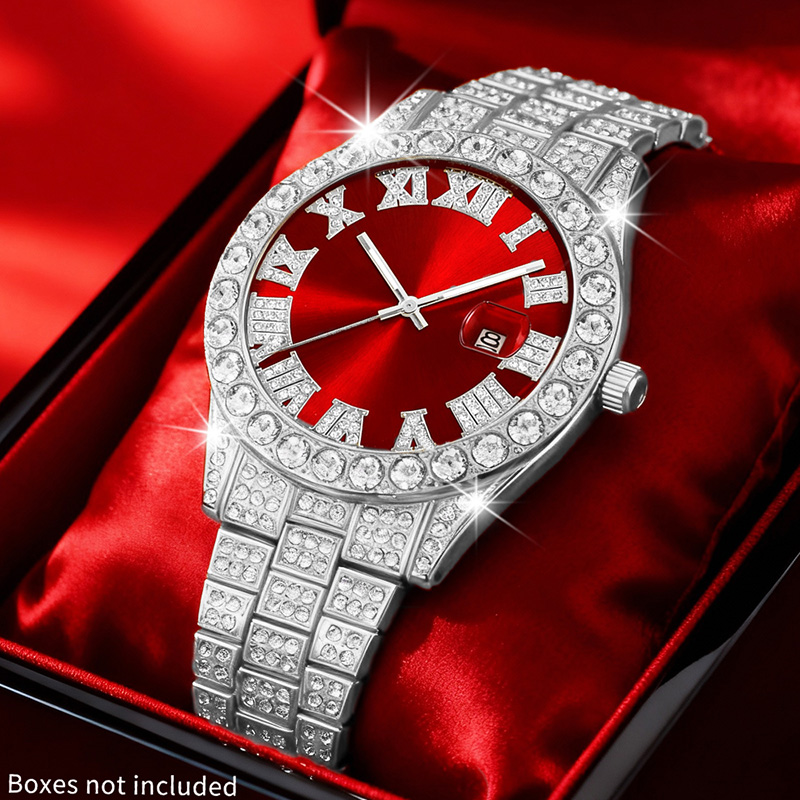 Luxury Watch Wallpaper - นาฬิกาข้อมือสไตล์ฮิปฮอปสำหรับผู้ชาย ดีไซน์ย้อนยุค ใช้กลไกควอตซ์ หน้าปัดประดับด้วยคริสตัลขนาดใหญ่ และสายนาฬิกาทำจากสแตนเลสสตีลที่ทนทาน เหมาะสำหรับผู้ชาย