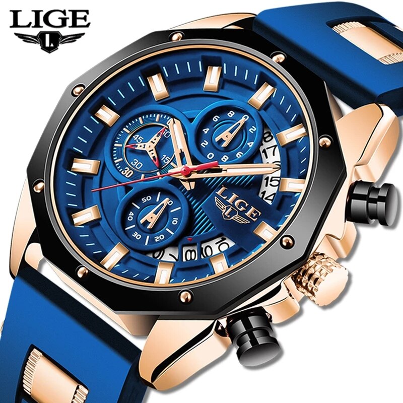 Luxury Watch Mockup - Lige นาฬิกาแฟชั่นผู้ชายแบรนด์ชั้นนำหรูหรานาฬิกาสปอร์ตซิลิโคนนาฬิกาควอตซ์บอกวันที่นาฬิกาข้อมือกันน้ำจับเวลาผู้ชาย