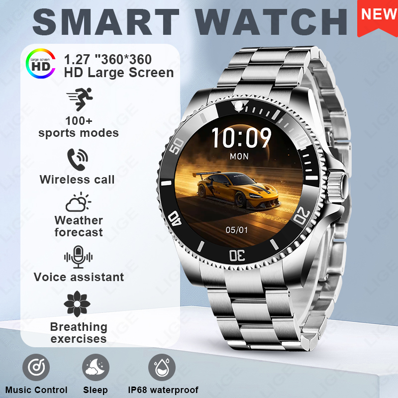 Luxury Watch Korea - LIGE สมาร์ทวอทช์ นาฬิกาข้อมือผู้ชาย สายเหล็กหรูหรา ตรวจวัดสุขภาพ รองรับการเล่นกีฬา