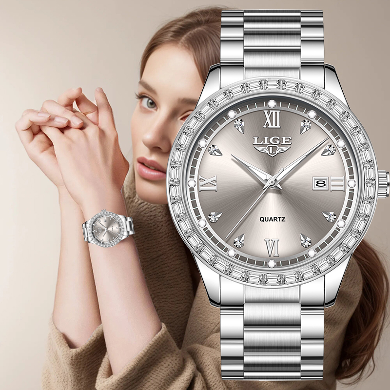 Luxury Watch Wallpaper - นาฬิกาข้อมือควอตซ์ LIGE 2026 นาฬิกาผู้หญิงหรูหรา พร้อมปฏิทินเรืองแสง สายสแตนเลส