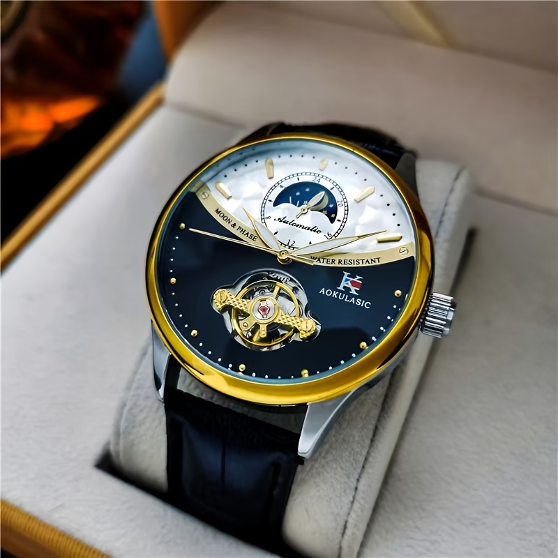Luxury Watch Korea - นาฬิกาจักรกลสำหรับผู้ชายที่หรูหราและมีสไตล์ หน้าปัดทรงกลม ระบบไขลานอัตโนมัติ สายหนัง เครื่องประดับแฟชั่น สไตล์ยุโรป