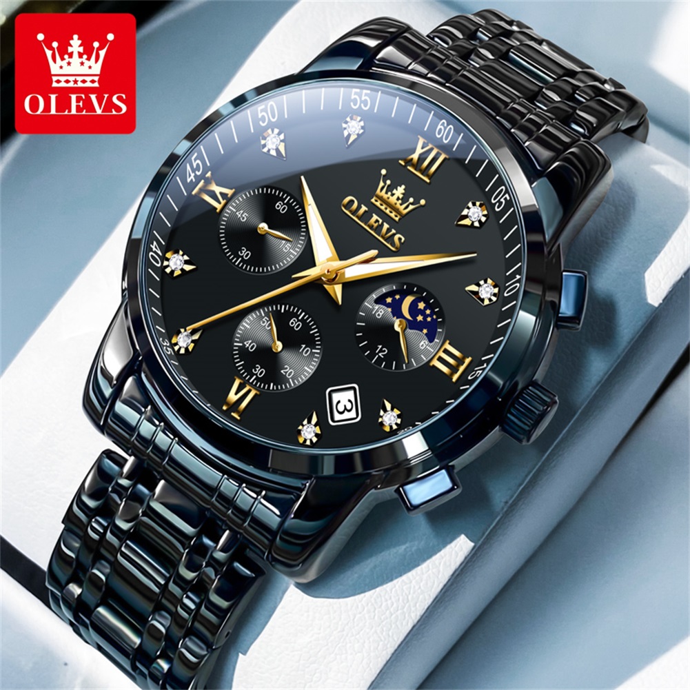 Luxury Watch Brands - OLEVS นาฬิกาผู้ชายยอดนิยมสแตนเลสสีดำมูนเฟสโครโนกราฟนาฬิกาควอทซ์สำหรับผู้ชายวันที่นาฬิกาข้อมือแบรนด์เดิม