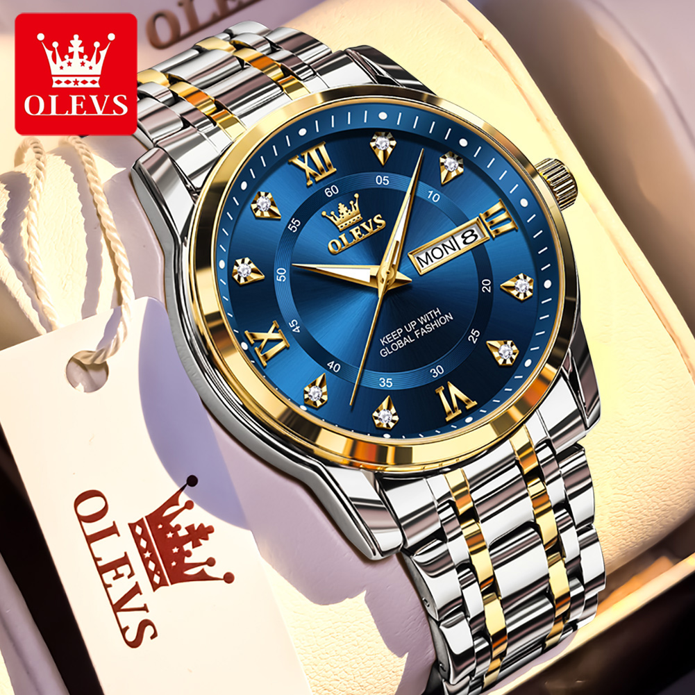 Luxury Watch Brands - OLEVS แบรนด์นาฬิกาแฟชั่นผู้ชายสแตนเลสกันน้ำนาฬิกาข้อมือควอตซ์ส่องสว่างนาฬิกาต้นฉบับสำหรับผู้ชายปฏิทินคู่