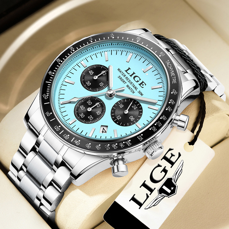 Luxury Watch Mockup - LIGE แบรนด์ชั้นนำหรูหรานาฬิกาผู้ชายใหม่นาฬิกาควอตซ์นาฬิกากันน้ำนาฬิกาเรืองแสงสำหรับผู้ชายวันที่โครโนกราฟนาฬิกาข้อมือสปอร์ต+ กล่อง