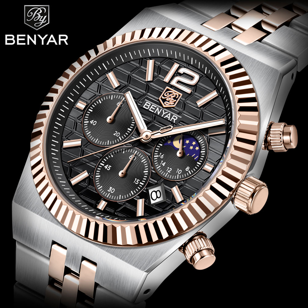 Luxury Watch Brands - นาฬิกาข้อมือผู้ชาย BENYAR โครโนกราฟ 40 มม. สแตนเลสกันน้ำ