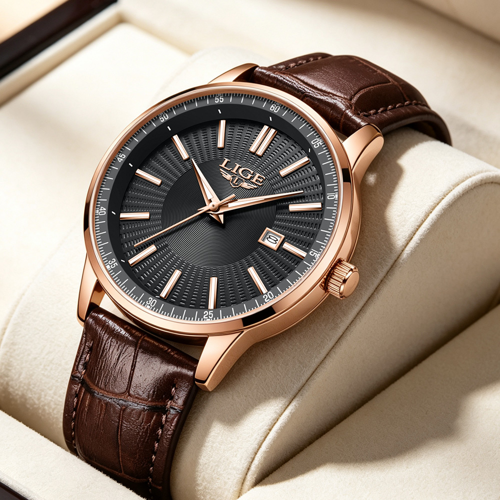Luxury Watch Mockup - นาฬิกาข้อมือผู้ชายแบรนด์หรู LIGE รุ่นยอดนิยม สายหนัง ระบบควอตซ์ กันน้ำ