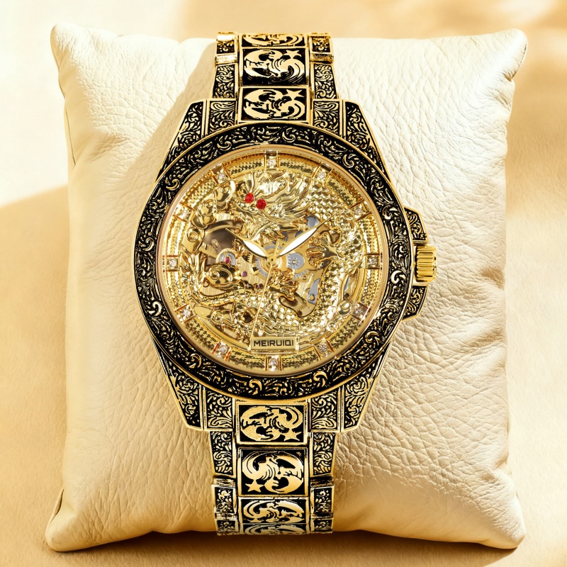 Tourbillon Movement Watch - นาฬิกาข้อมือผู้ชายสไตล์เรโทรสีเหลือง ดีไซน์แกะสลักลายมังกรสีเหลือง ระบบอัตโนมัติเต็มรูปแบบ ระดับไฮเอนด์