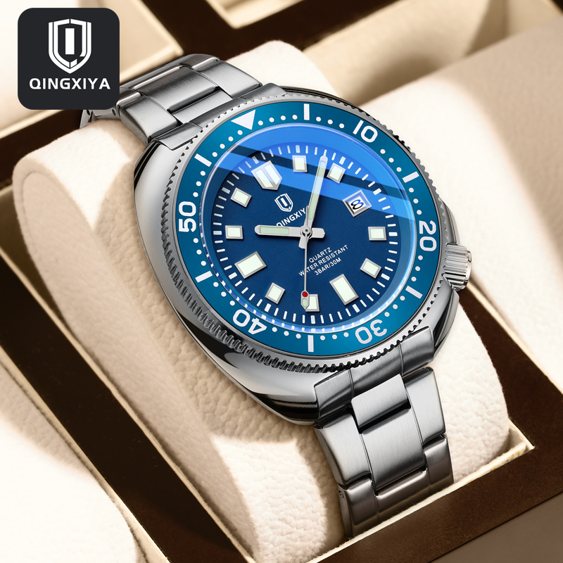 Luxury Watch Mockup - QINGXIYA แบรนด์แฟชั่นคลาสสิกสีฟ้าควอตซ์นาฬิกาผู้ชายสแตนเลสหรูหรากันน้ําปฏิทิน Mens นาฬิกา Relogio Masculino